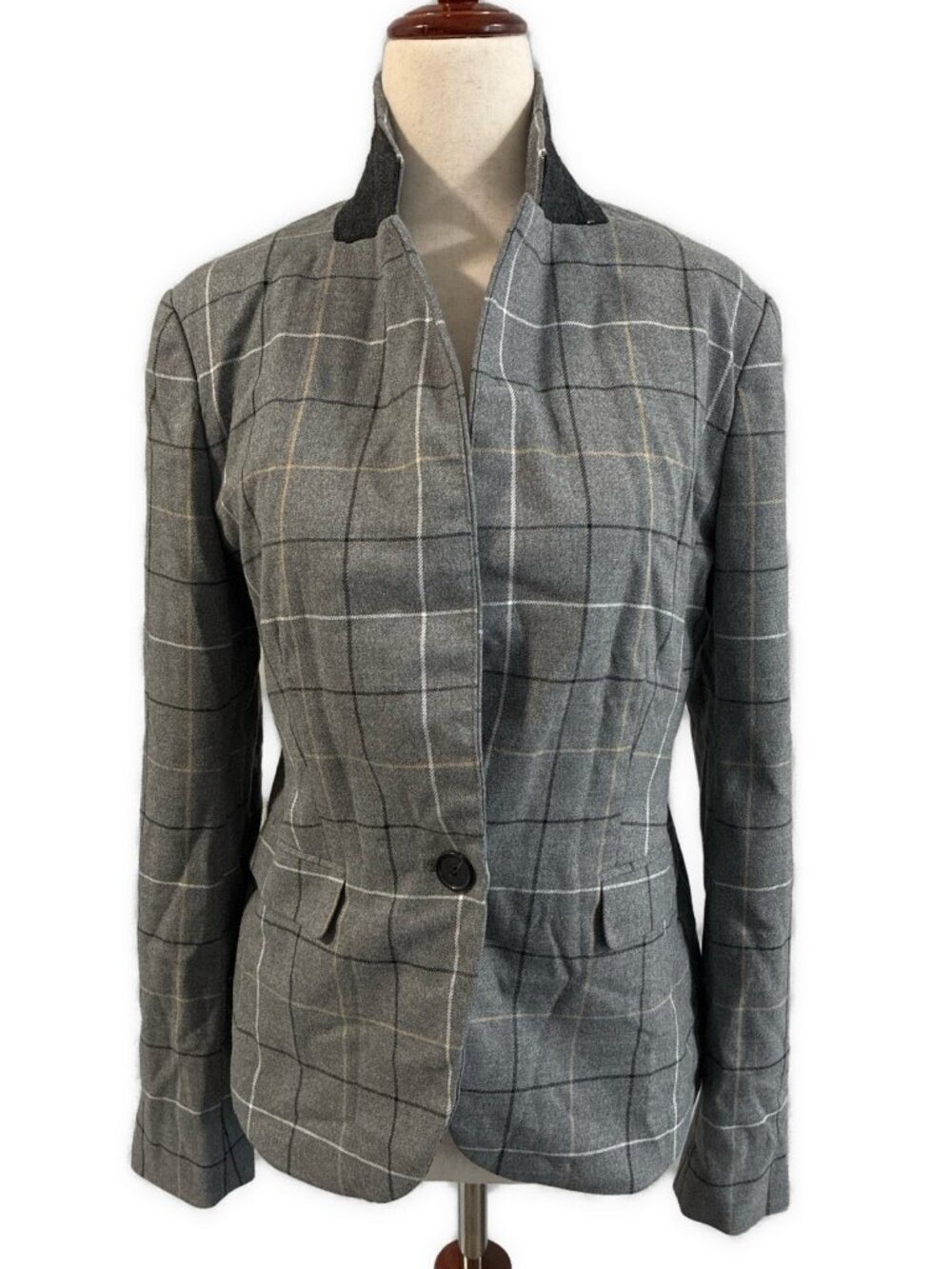 Ann Taylor 4 Small Gray Beige Black Plaid Blazer One Button Jacket